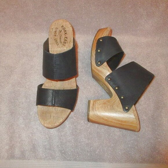 Kork-Ease Darra Sandals Size 9 Black Leather Wood Heel Cork Studs Platform Foam - Picture 1 of 11